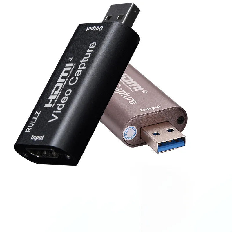 Black HDMI video capture card with USB connector, 64x28x13mm, supporting 4K input and 1080P output