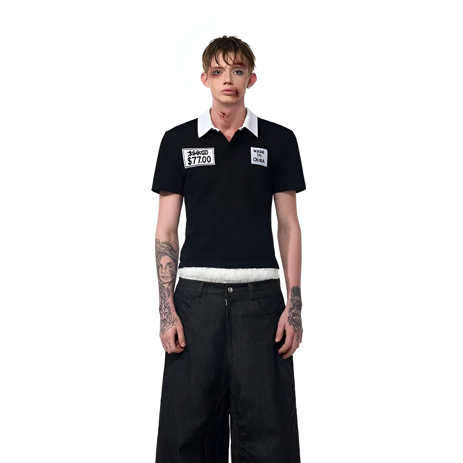 Black slim fit men's polo shirt with embroidery hat design on front, short sleeves and polo collar