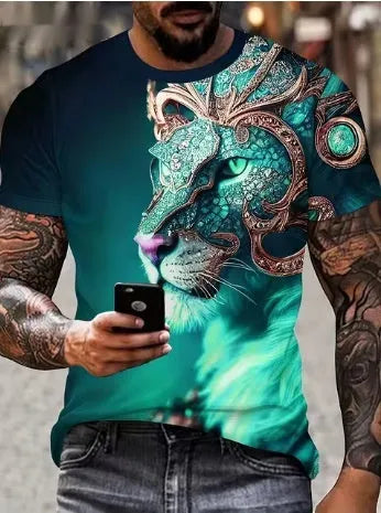 Men's black T-shirt with a large, detailed 3D lion print on the chest