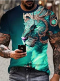 Men's black T-shirt with a large, detailed 3D lion print on the chest