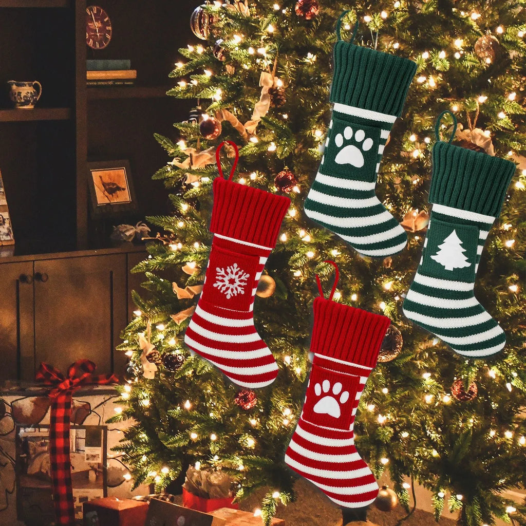 Knitted Christmas cat and dog socks gift bag in red dog's paw colour, with festive knit pattern