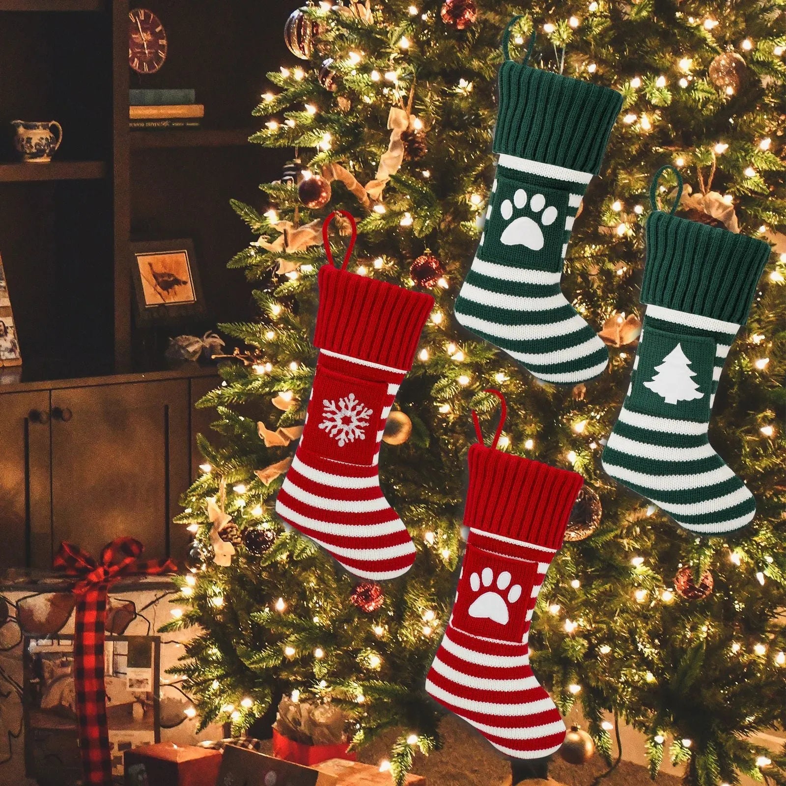 Knitted Christmas cat and dog socks gift bag in red dog's paw colour, with festive knit pattern