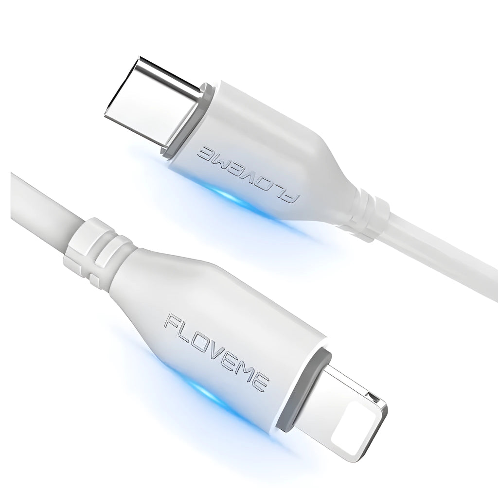 White nylon-braided USB-C to Lightning cable with aluminium connectors, 1 metre long.