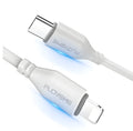 White nylon-braided USB-C to Lightning cable with aluminium connectors, 1 metre long.