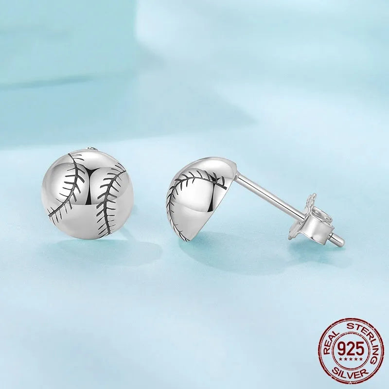 S925 sterling silver baseball stud earrings polished finish silver colour on white background