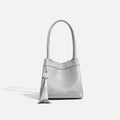 Portable shoulder crossbody bag in black PU leather with open pocket outer and sewing thread detail