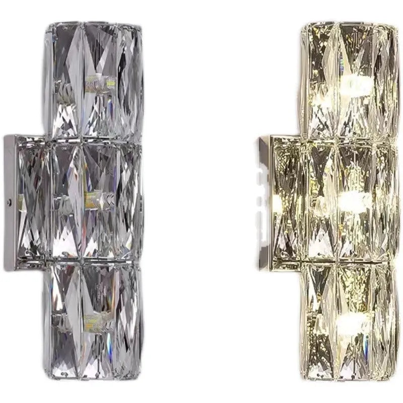 Crystal wall lamp with stainless steel body and LED lighting in chrome or gold finish