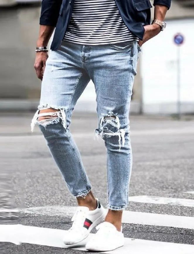 New Ripped Skinny Jeans for mens streetwear blue cotton denim distressed fit