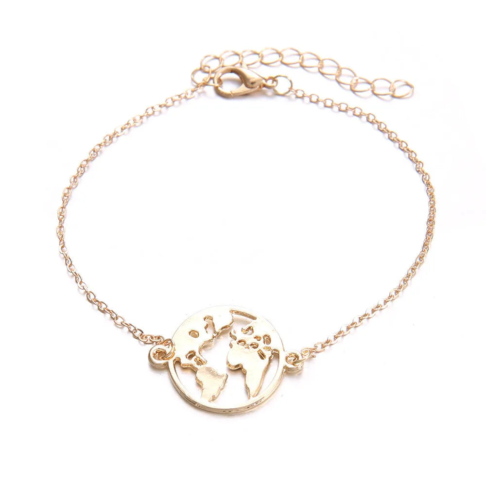 Three women's charm bracelets with heart-shaped aircraft map pendants in alloy with electroplated finish