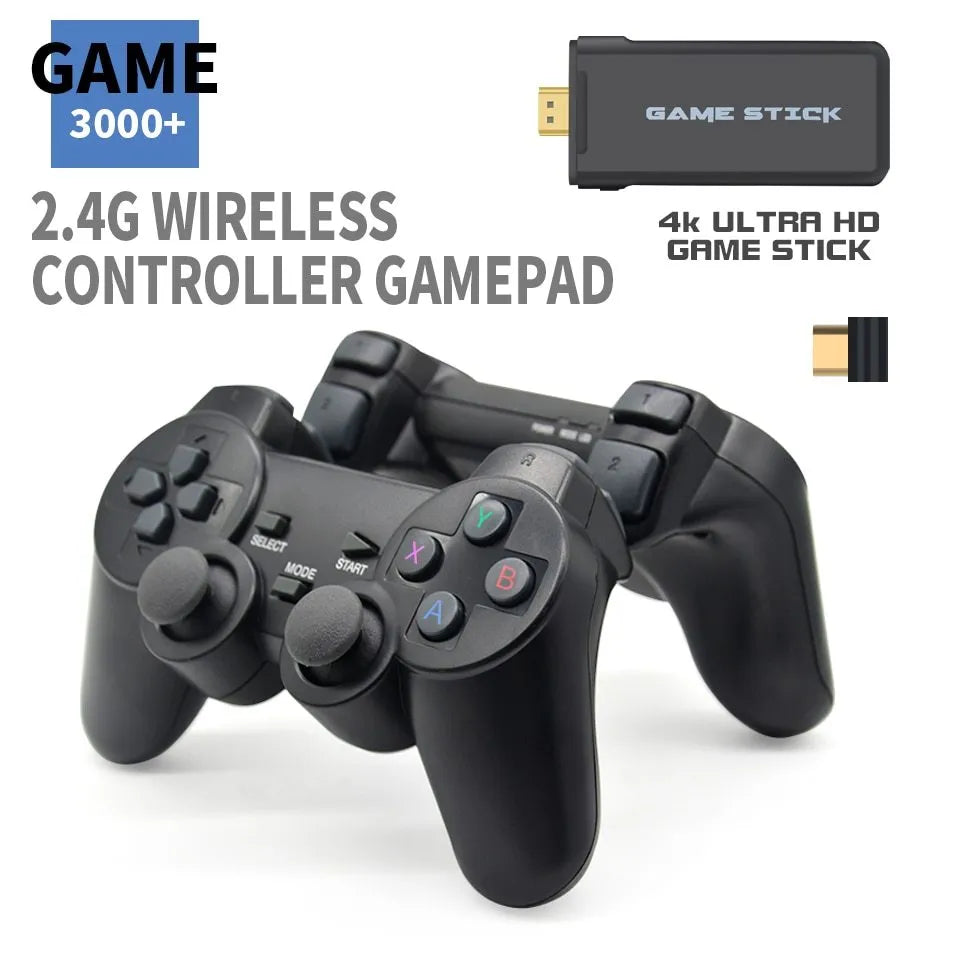 Y2HDMAX 2.4G wireless game console with two controllers and built-in TF card showing game selection screen