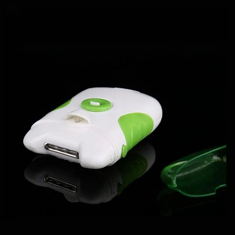 Green electric nail trimmer and file, ABS construction, compact size for home manicure pedicure