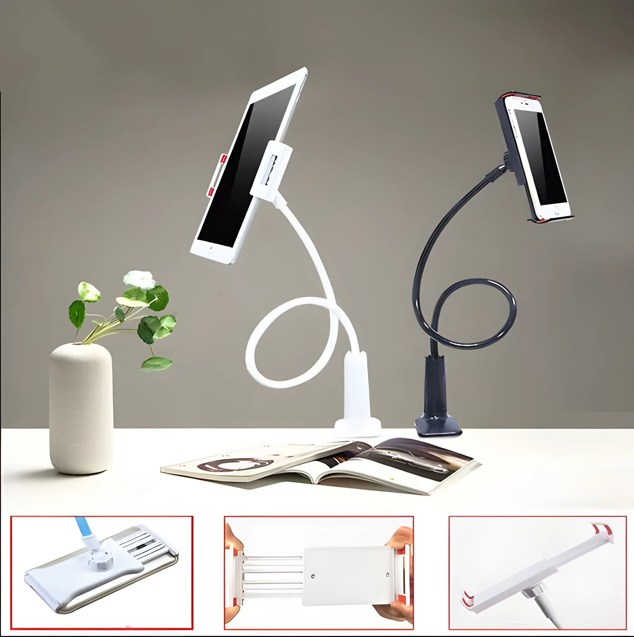 Black bedside oversize phone stand with a long adjustable arm on a wooden table.