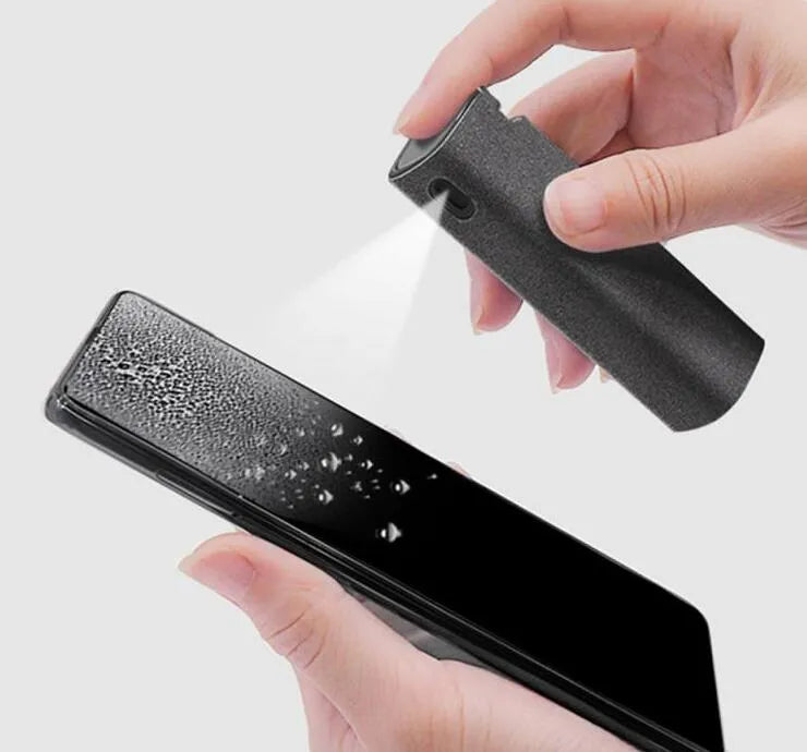2-in-1 screen cleaner kit with spray bottle and microfiber cloth for mobile phone and computer screens in pink and gray
