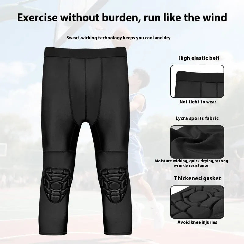Men's basketball cropped pants with integrated knee pads in black, TWA-0205