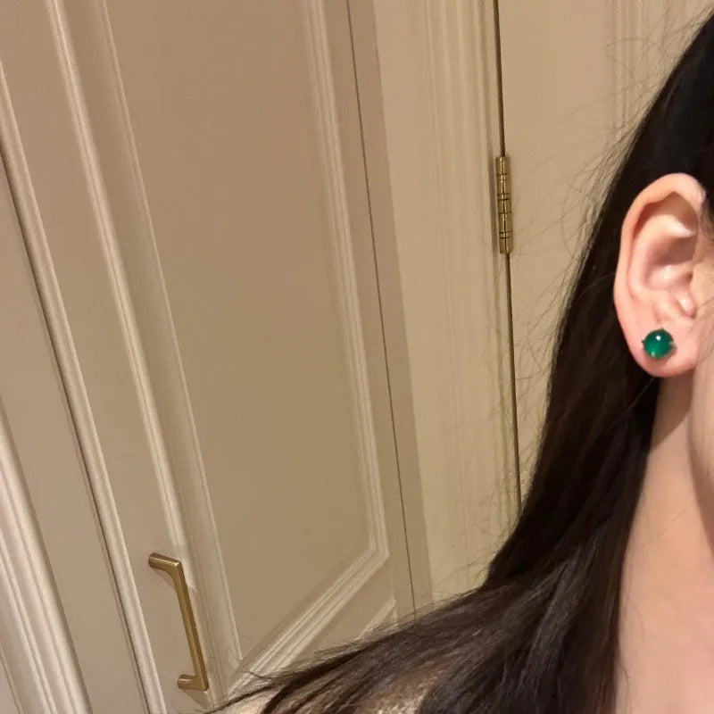 Chinese style round egg surface chalcedony earrings with geometric design and copper four claw setting