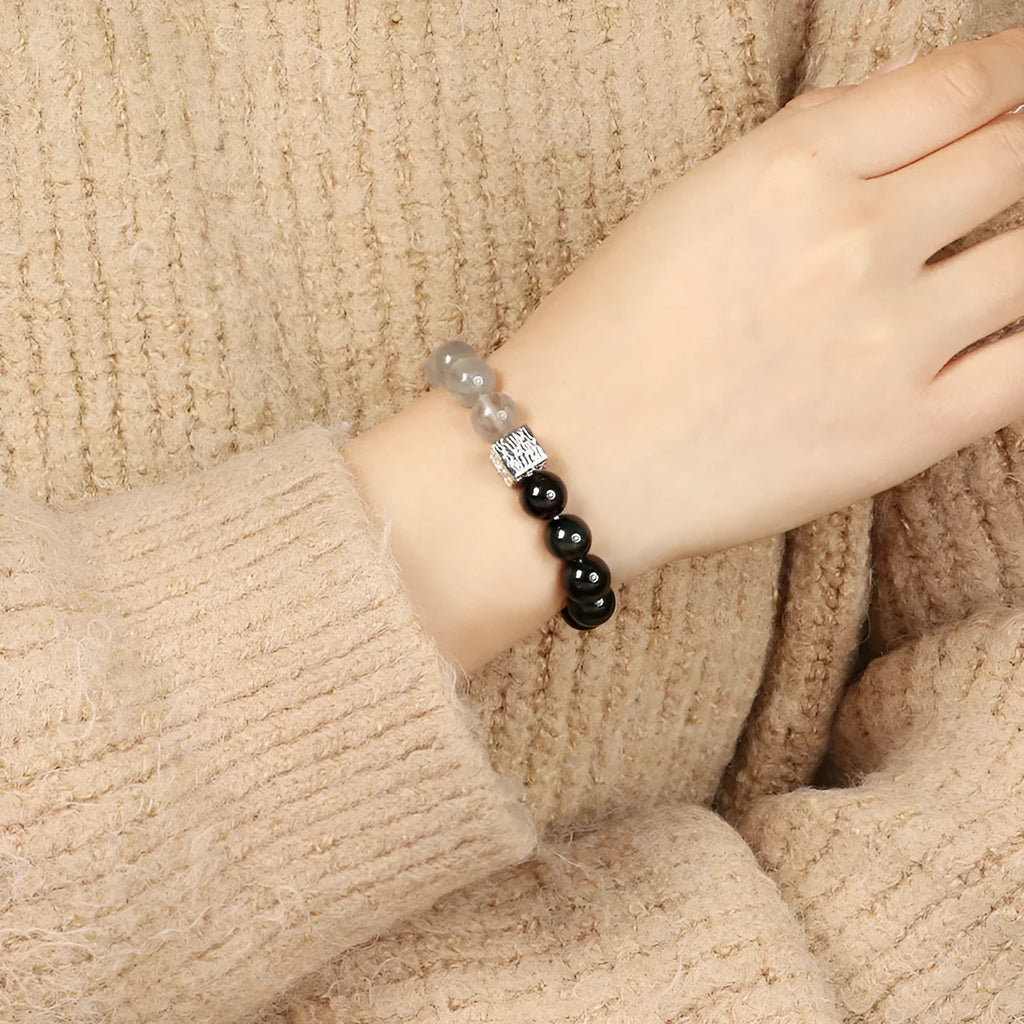 Crystal couple bracelet with 10mm geometric beads in khaki colour, Chinese style design for men and women