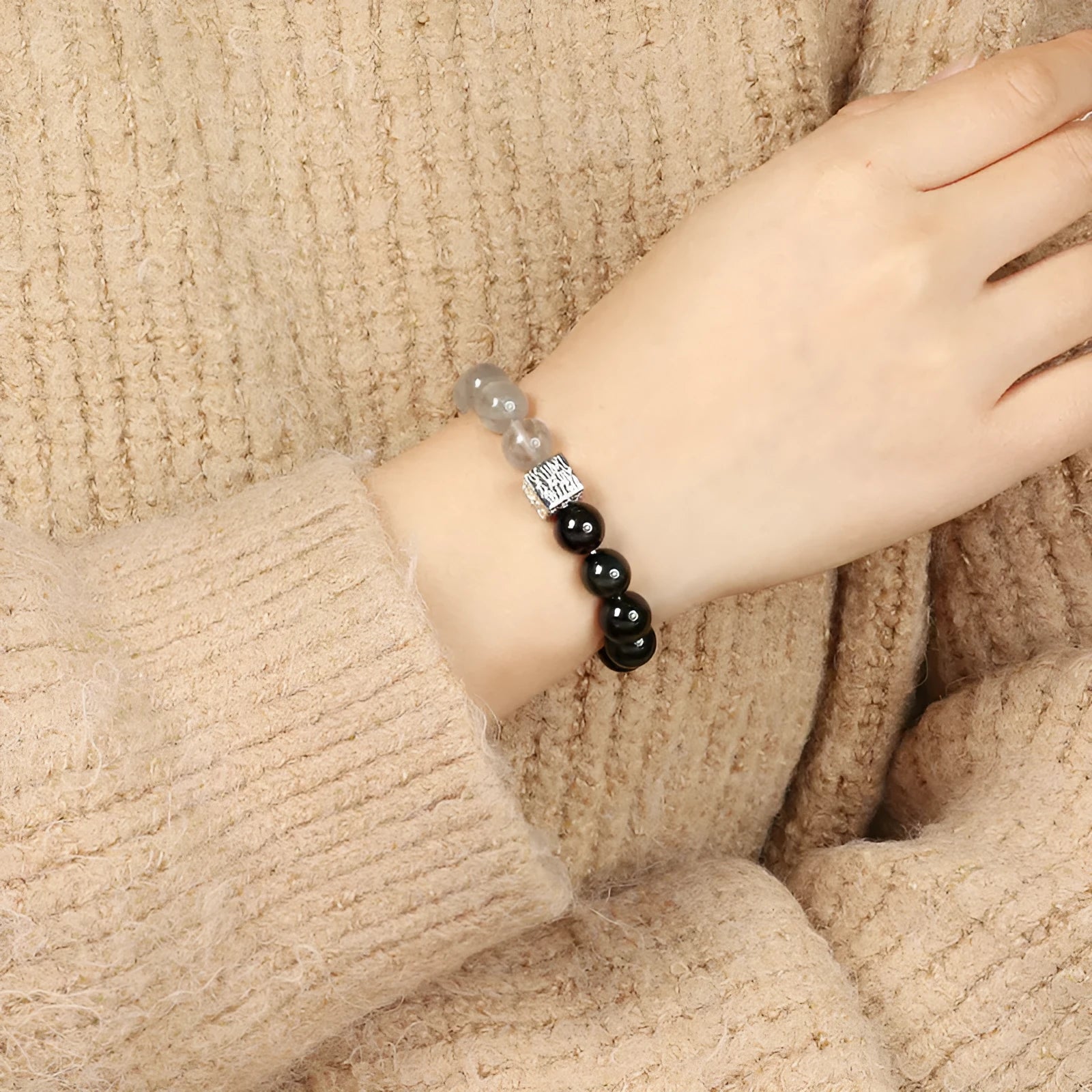 Crystal couple bracelet with 10mm geometric beads in khaki colour, Chinese style design for men and women