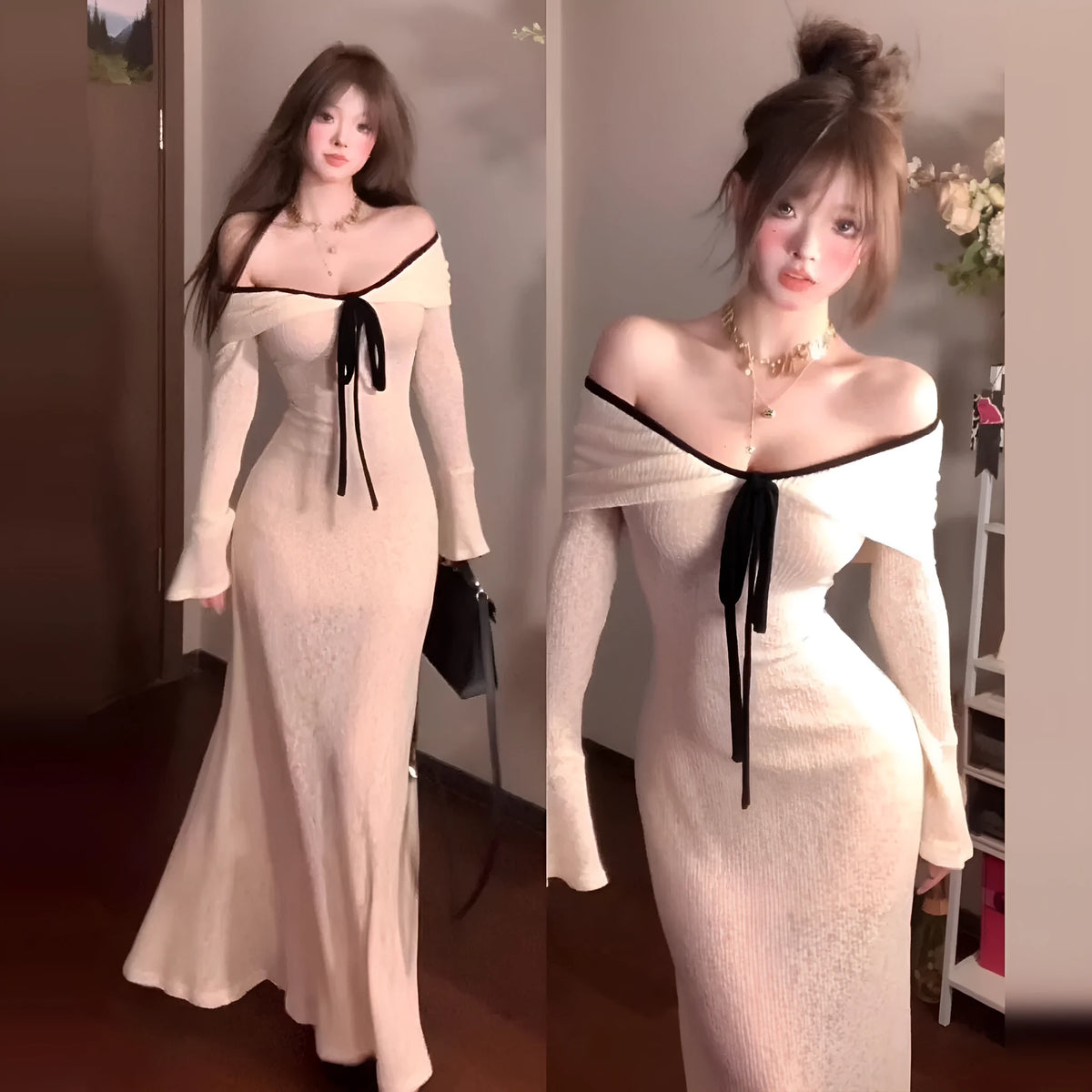White off-shoulder long-sleeved knitted dress for women with high waist, polyester fabric, sizes S to XL