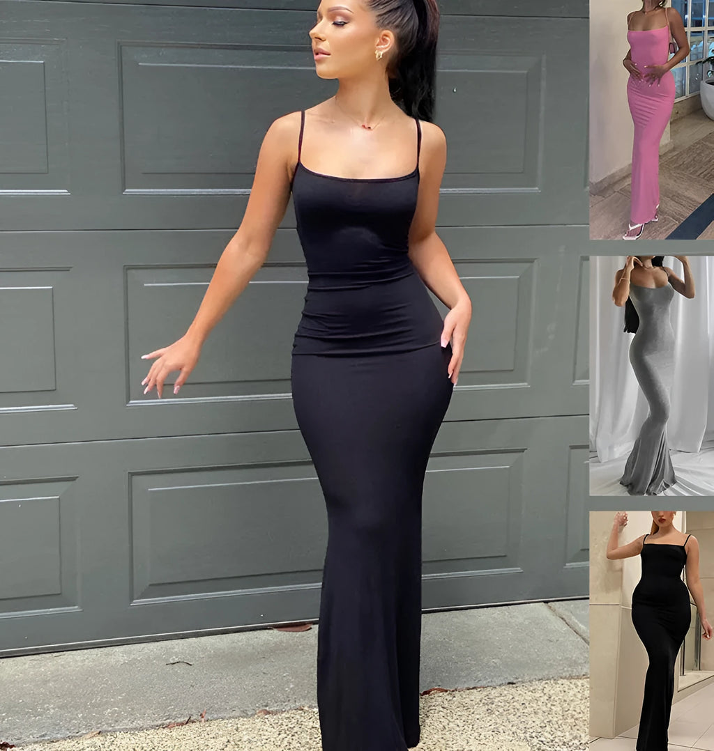 Spaghetti strap long bodycon dress women solid colour high waist A-line skirt party club street wear black