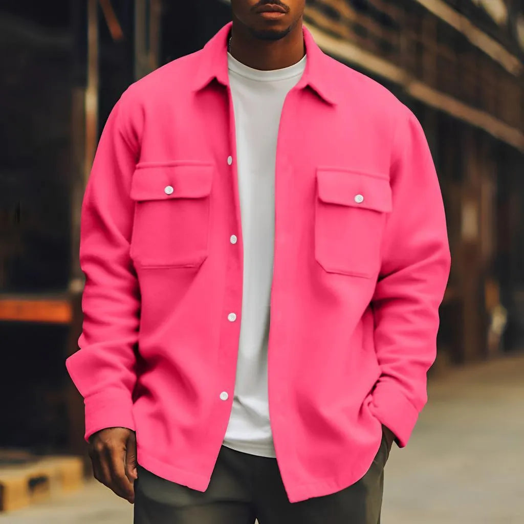 Men's solid colour polyester fibre jacket with digital print, loose fit, long sleeves, and patch pockets