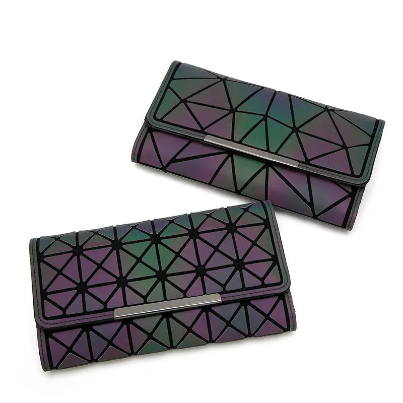 Women's long geometric PU wallet with luminous zipper, 20cm x 10cm x 2cm, open to show card slots and coin pocket.