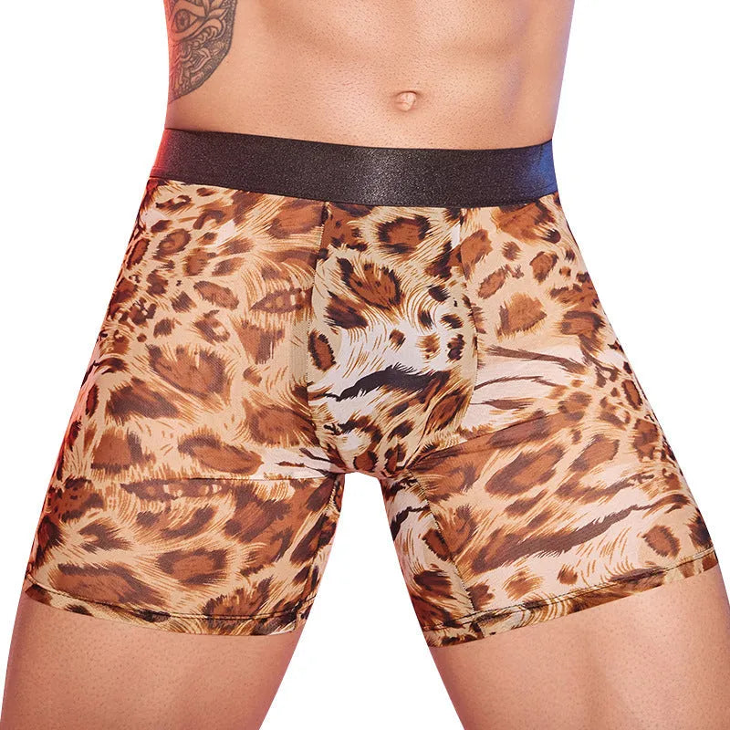 A pair of men's leopard print boxer shorts in free size made from nylon fabric.