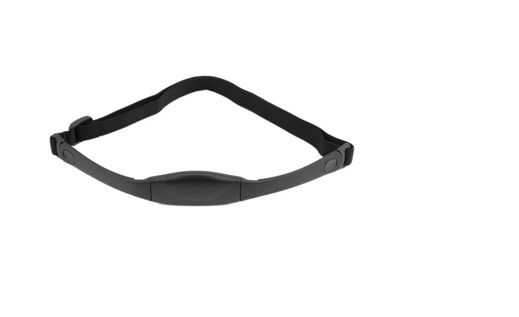 Black rubber and steel heart rate monitor watch with chest strap, 3m waterproof, round dial, backlight