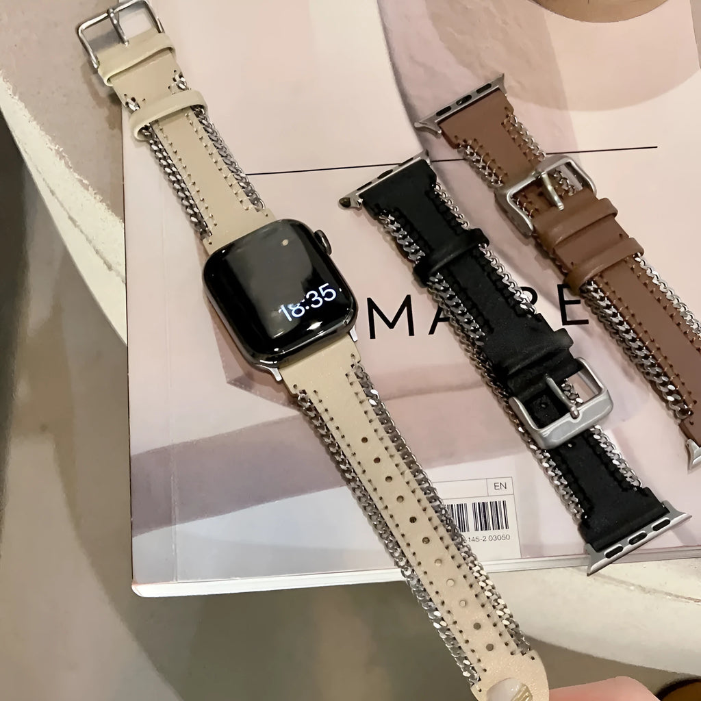 Leather side chain watch strap for Apple iWatch, black colour, fits sizes 38mm to 49mm