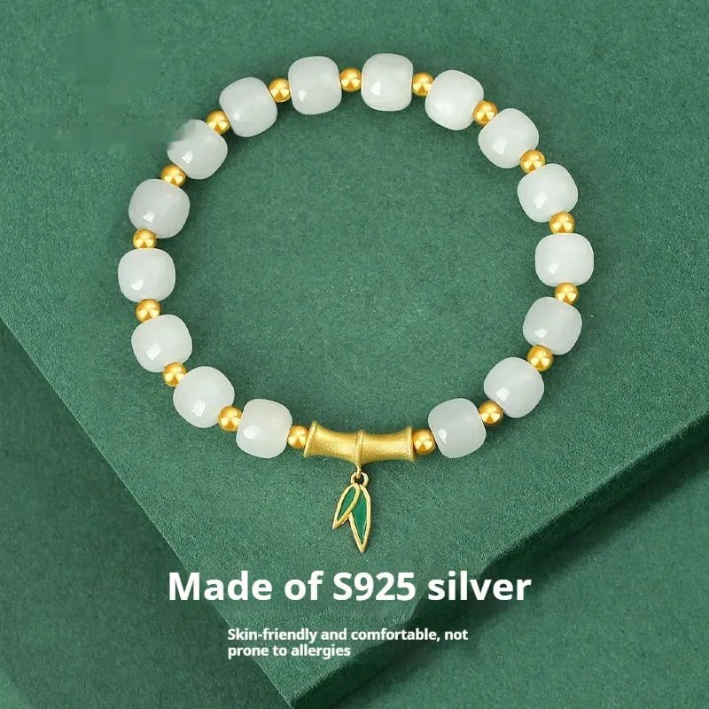Women's S925 sterling silver bracelet with 6mm Hetian jade bamboo leaf beads in gold colour finish