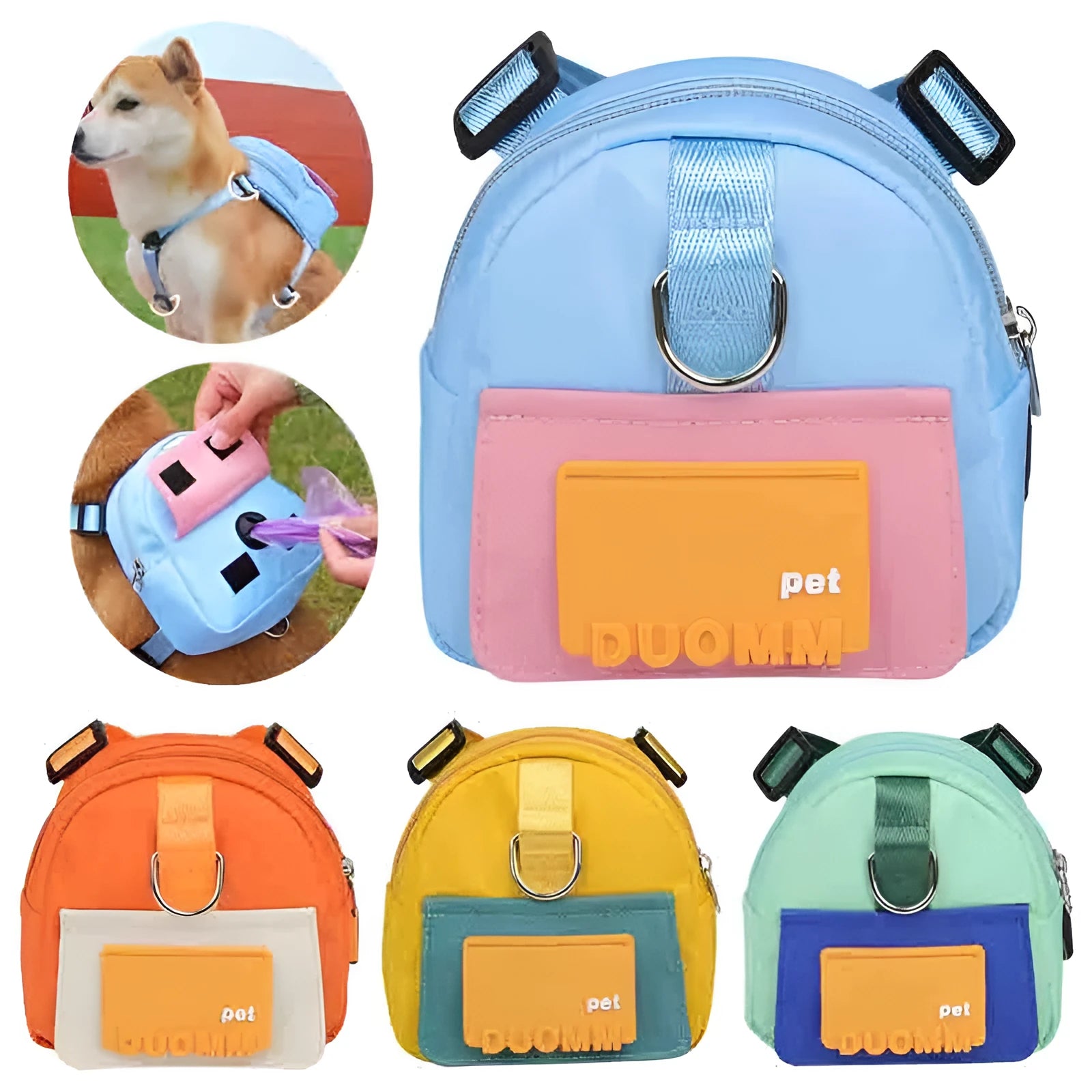 Blue adjustable dog backpack with snack storage bag and harness for hiking