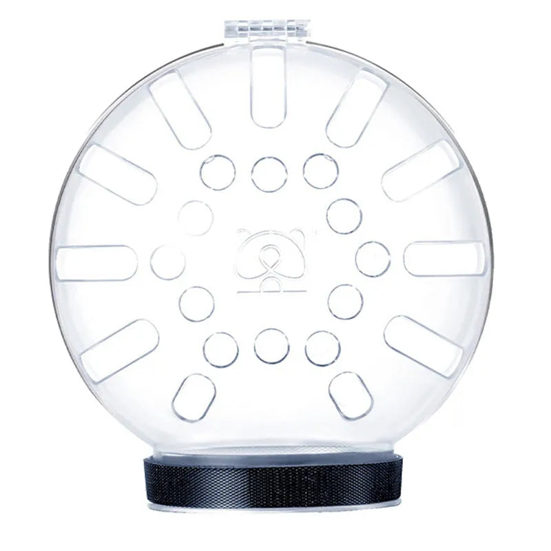 Transparent plastic cat muzzle hood with adjustable Velcro strap shown in three sizes.