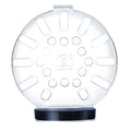 Transparent plastic cat muzzle hood with adjustable Velcro strap shown in three sizes.