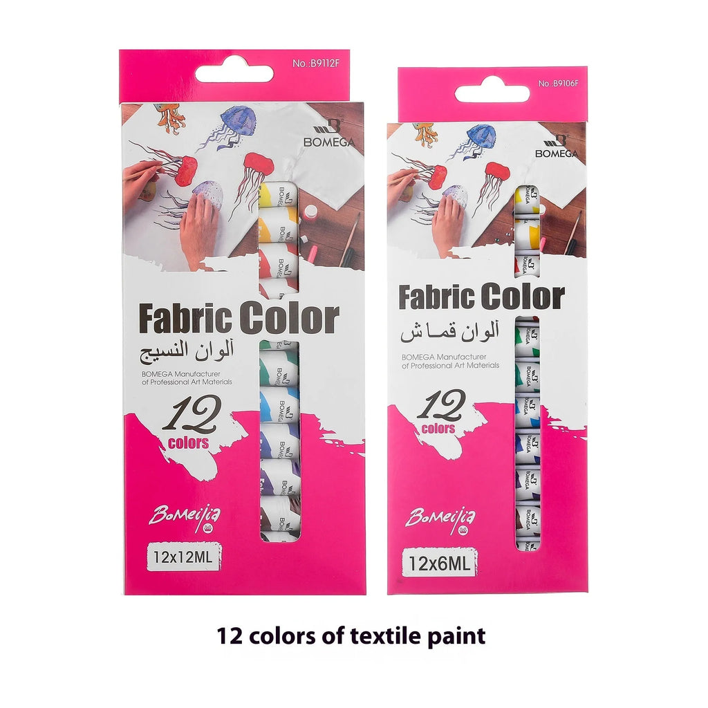 Strip of twelve tubes of artist paint in a 12-colour set for acrylic, gouache, watercolour, and oil painting mediums.