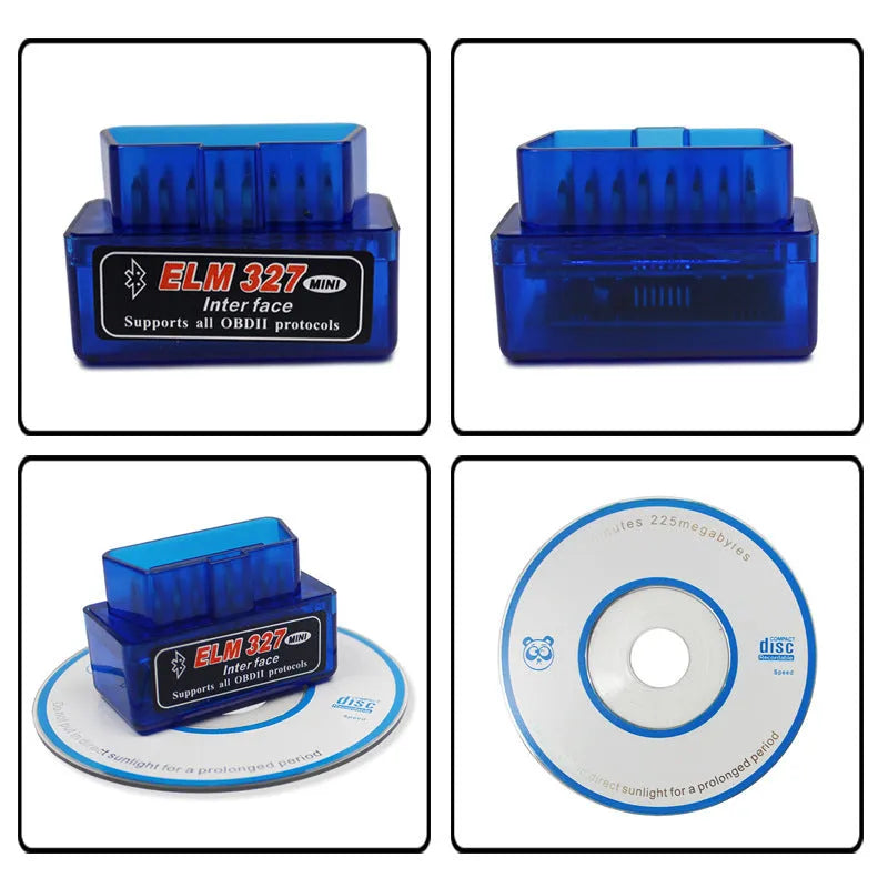 Small black ELM327 OBD2 Bluetooth diagnostic scanner next to a vehicle's OBD2 port.