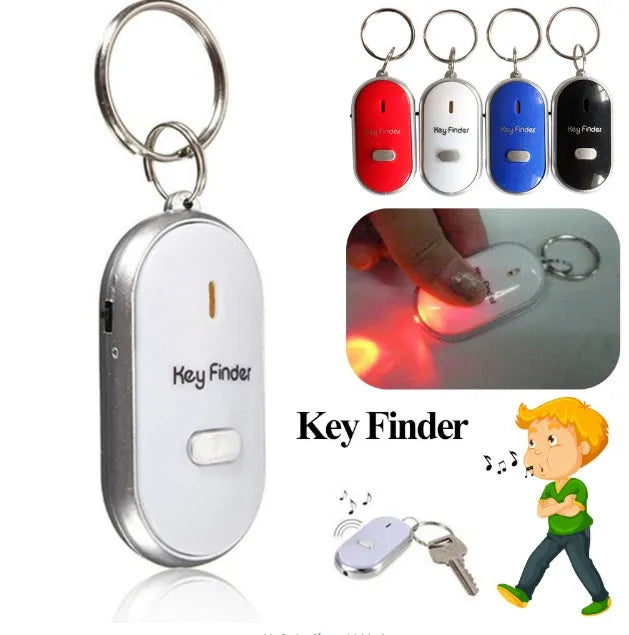 Small ABS key finder device on a keychain, available in black, blue, red, and white colours, with whistle activation