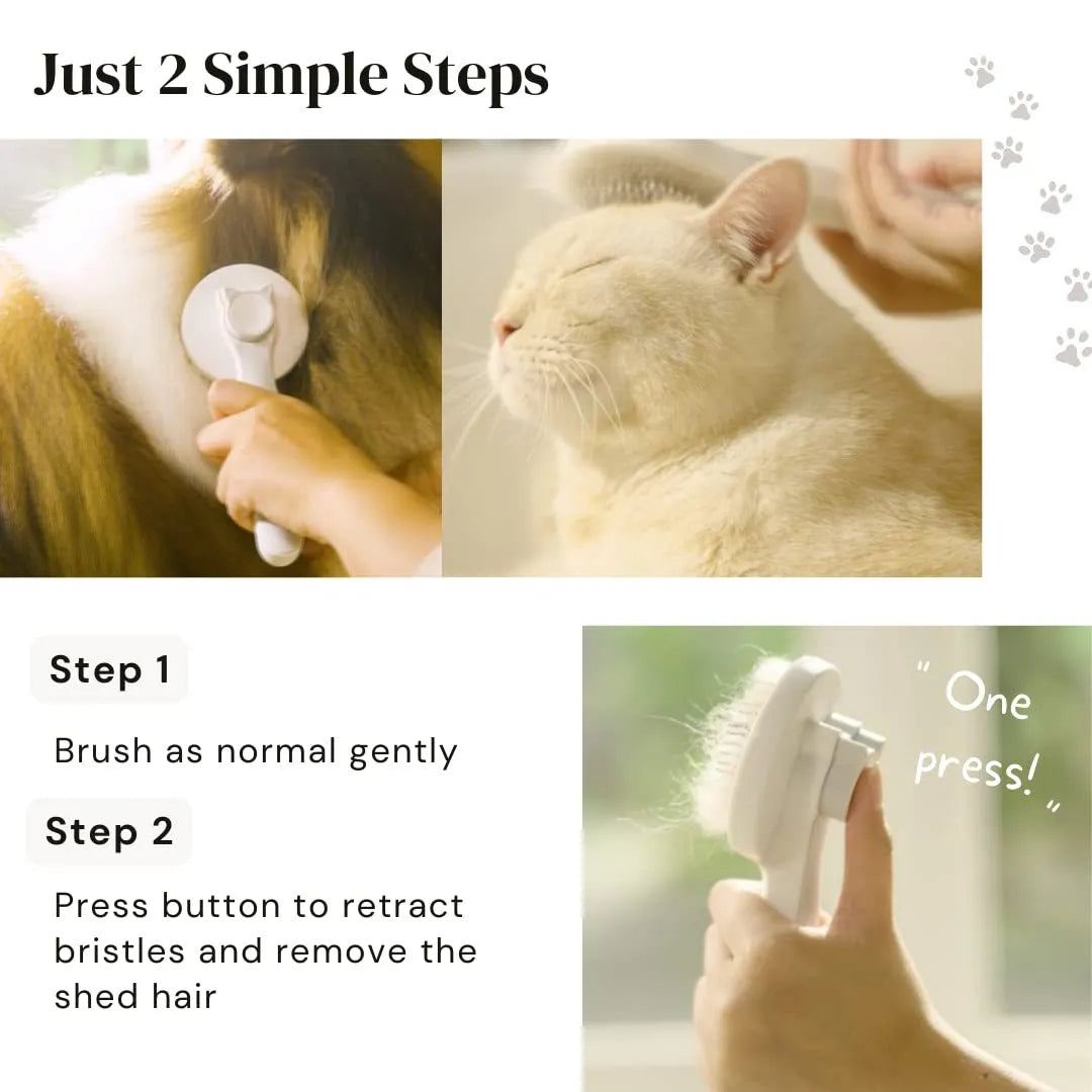 Blue grey pink self-cleaning pet grooming brush with ergonomic rubber handle.