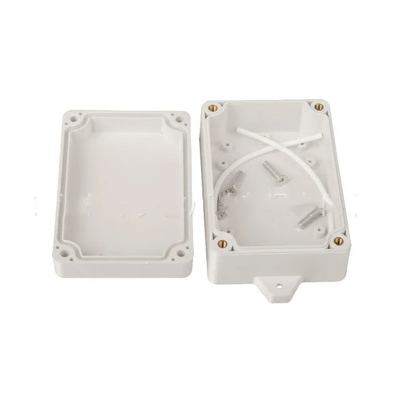 White ABS plastic waterproof instrument box for electronics, showing front view and dimensions.