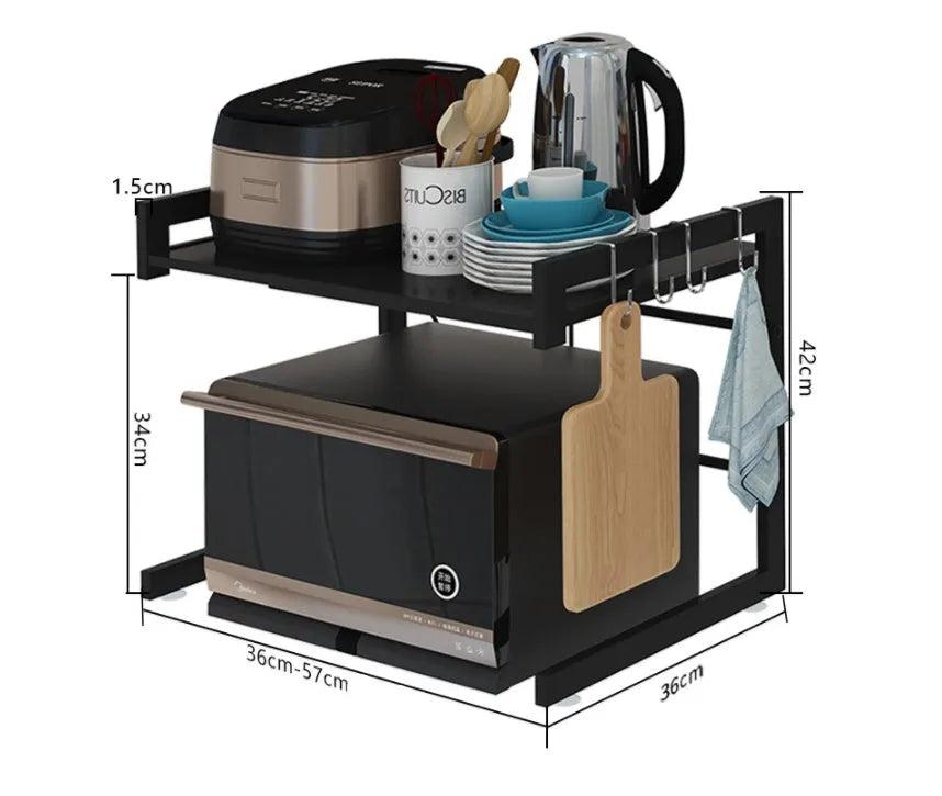 Retractable metal kitchen microwave rack on countertop with 2-layer shelf and no-punch installation