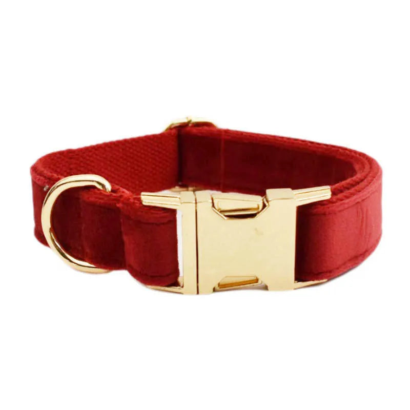 Cloth dog collar and leash set with matching vest, decorative bow, and dog poop bag accessories