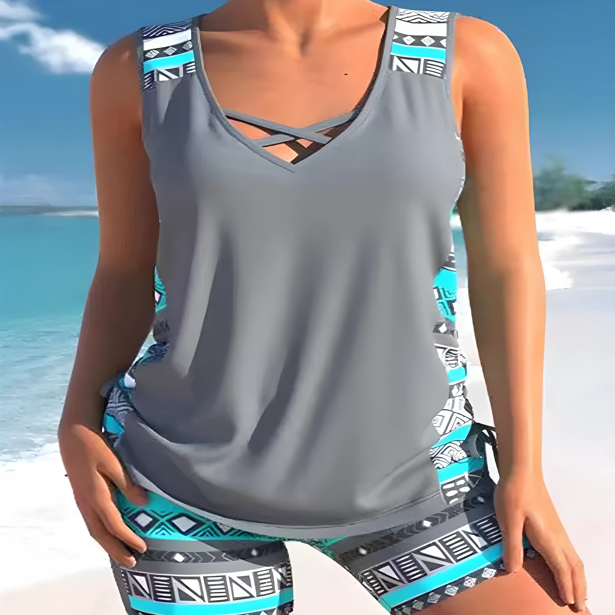 Women's floral printed lace two-piece swimsuit with matching top and shorts for swimming