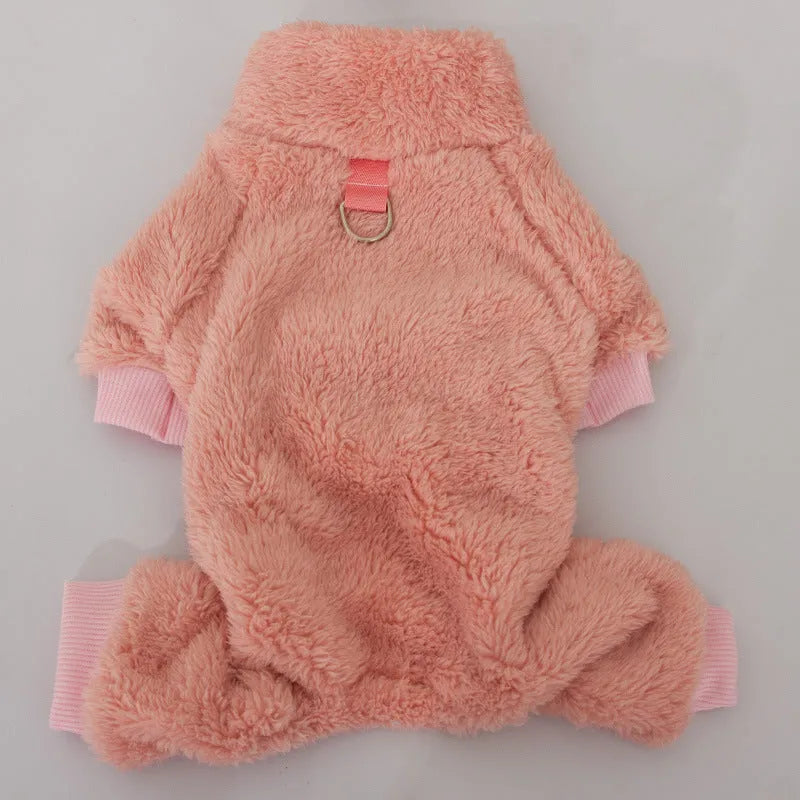Blue double-sided thick plush four-legged dog clothing with a high collar and a back towing ring.