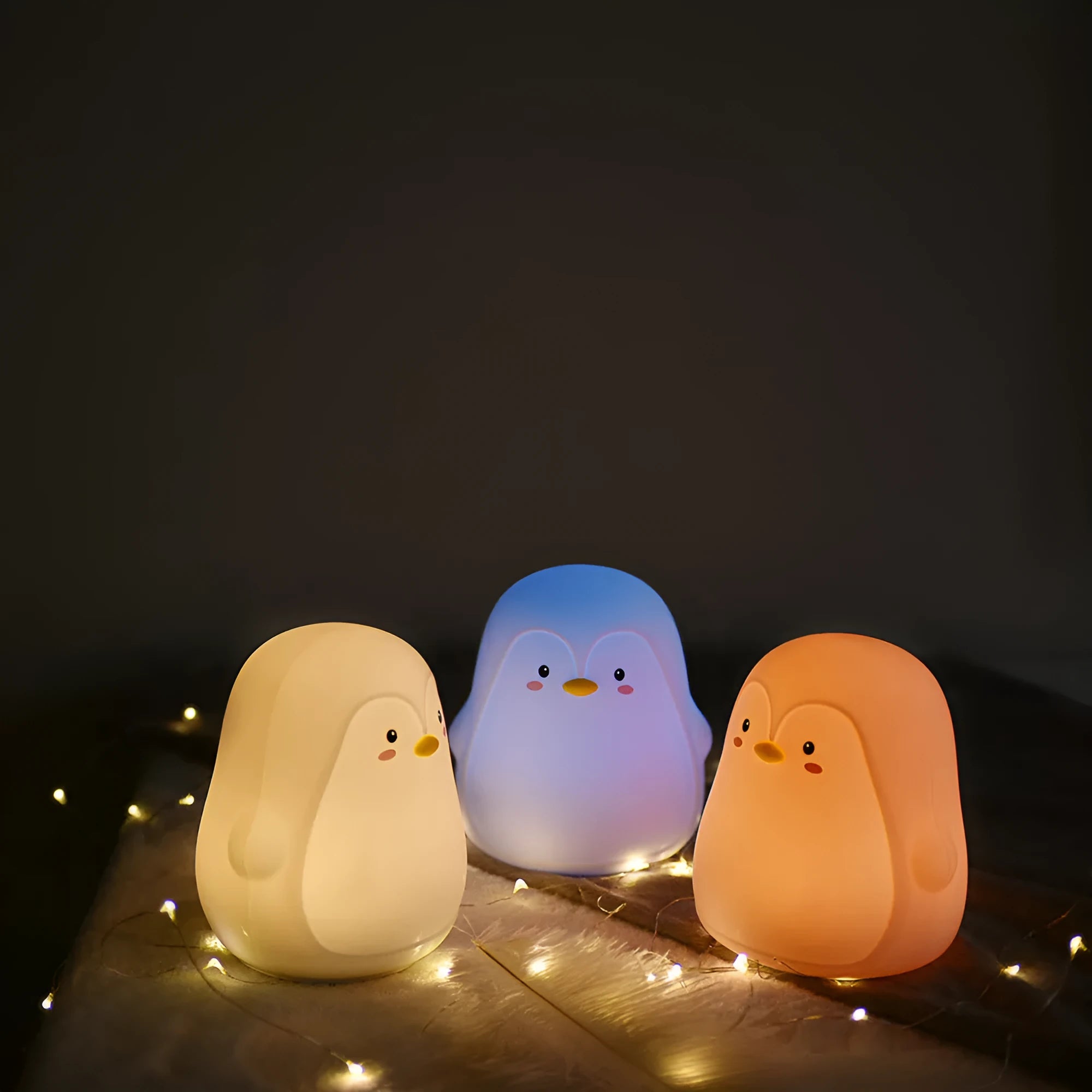 Penguin-shaped silicone and ABS night light with white LED glow, shown with USB charging cable.