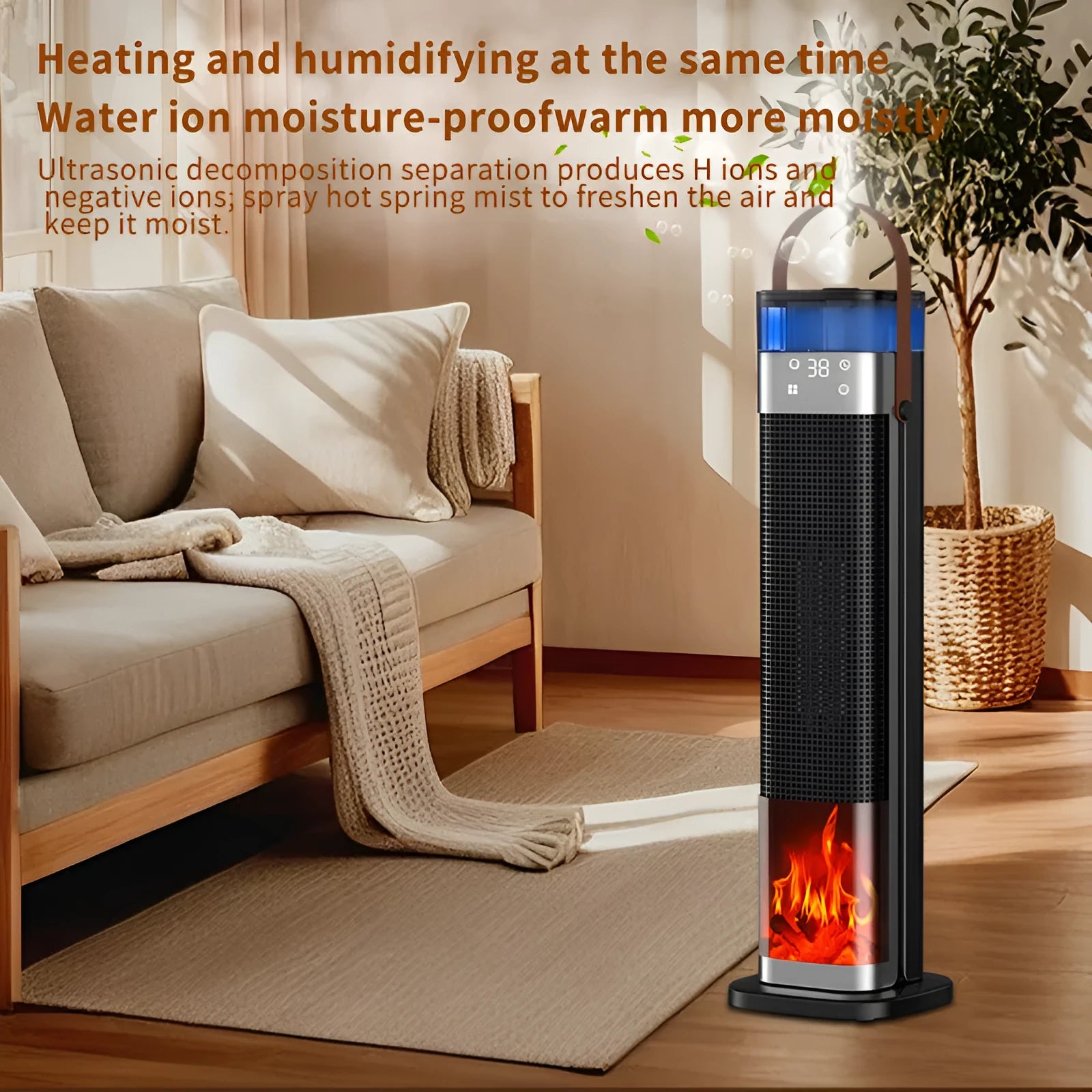 Slim vertical ceramic heater with humidifier function and remote control on a table.