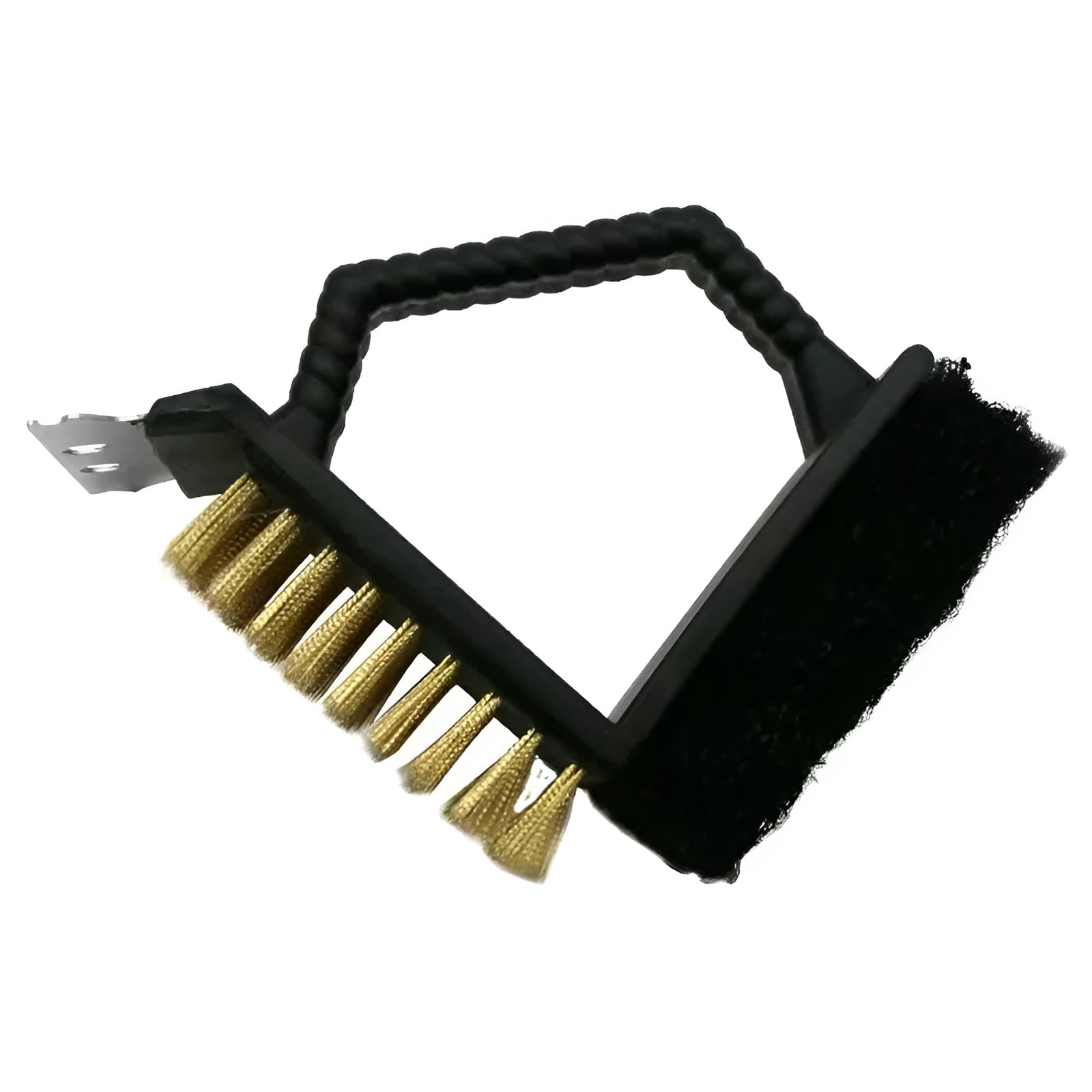 Triangular-headed barbecue cleaning brush with stainless steel bristles and a blue plastic handle.