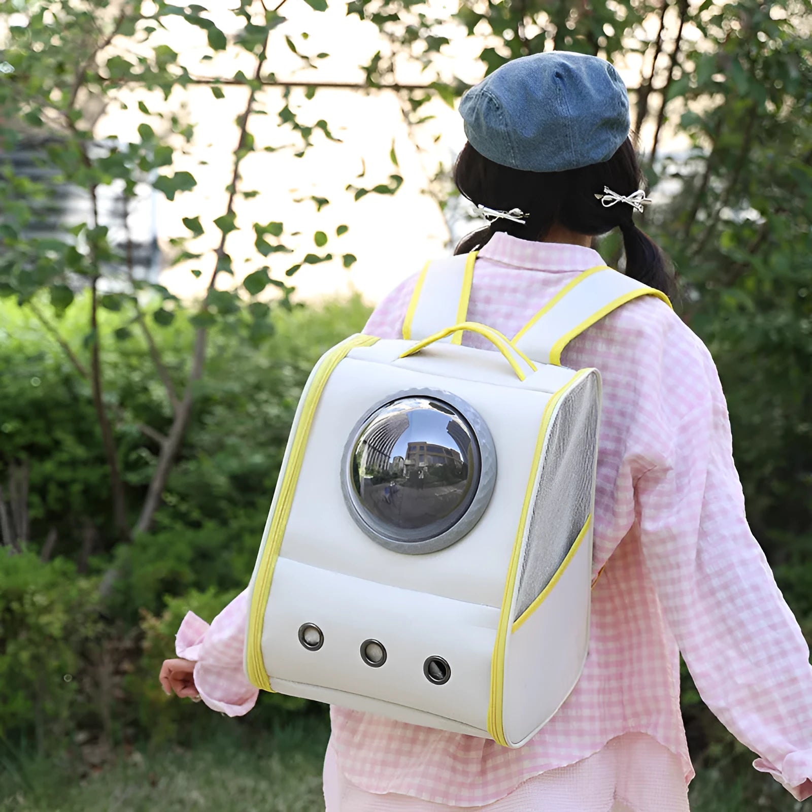 Space capsule large capacity breathable pet backpack in grey, nylon, 33x29x42cm, for cats up to 6.50kg, with side snack bags