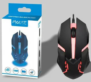 Wired USB mouse, four-button black design with colourful breathing light and 1.2 m cable for laptop and computer use