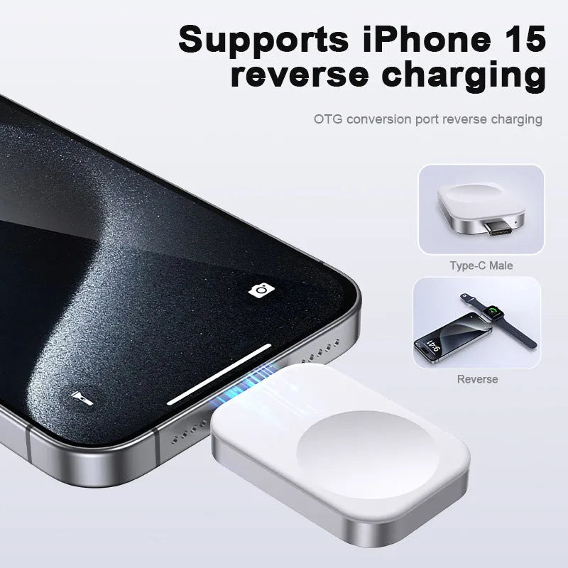 Black and white three-in-one magnetic wireless charger with Lightning and USB-C connectors