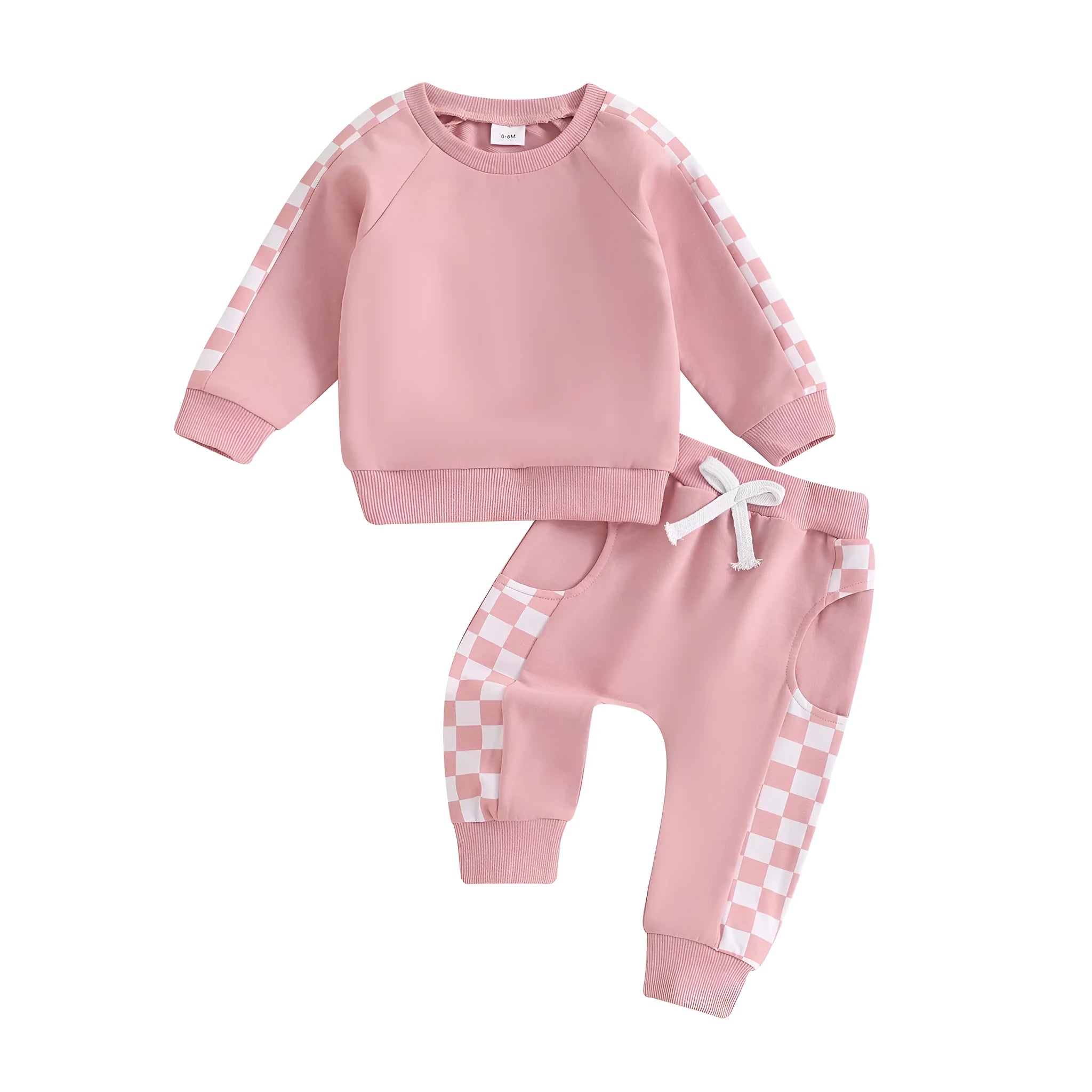 Checkerboard printed baby suit with letters in pink, blue, purple, black – two-piece top and pants set for toddlers