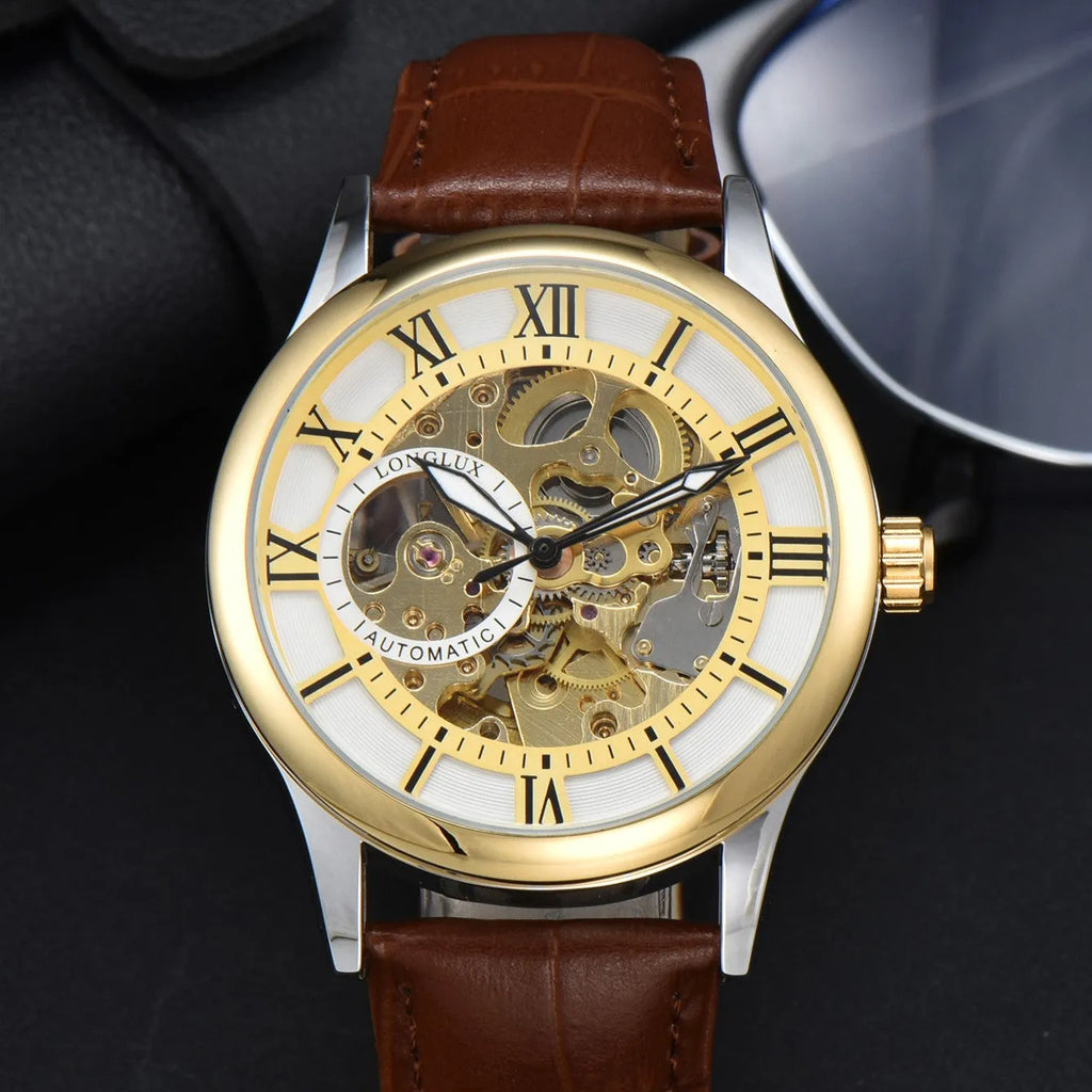 Men's mechanical watch with Roman scale dial, metal case, and faux leather strap on wrist