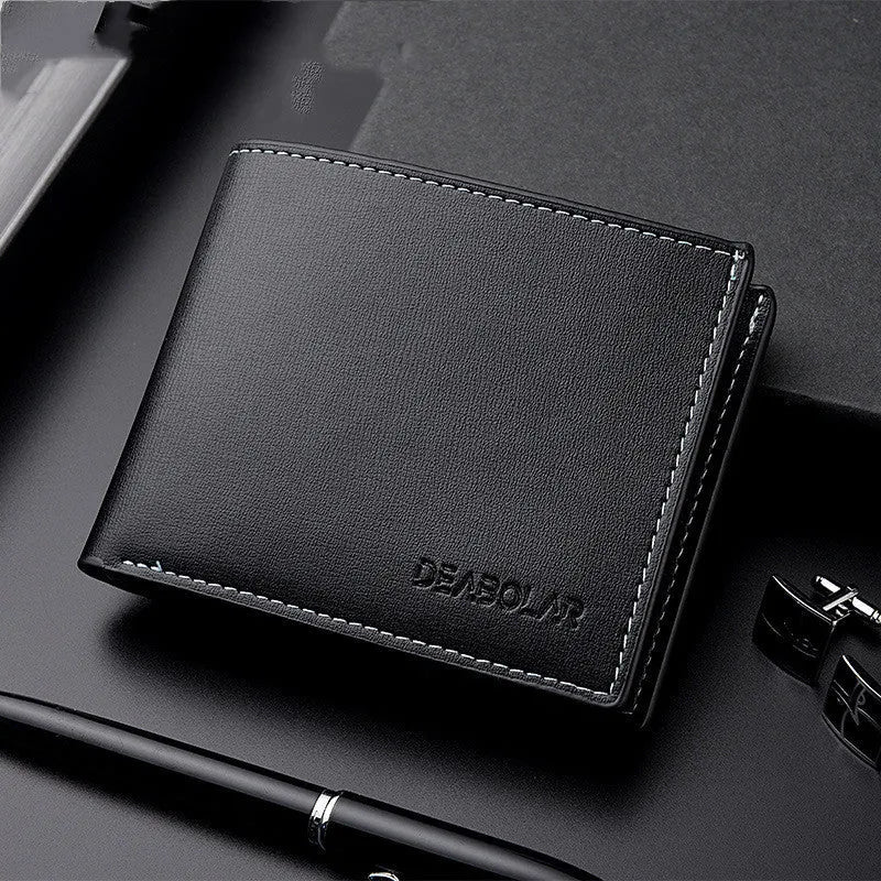 Men's PU leather two-fold short wallet with car suture design in black colour
